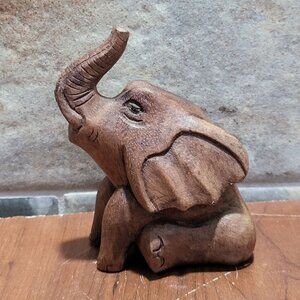 Small Wood Carved Elephant Raised Trunk Statue